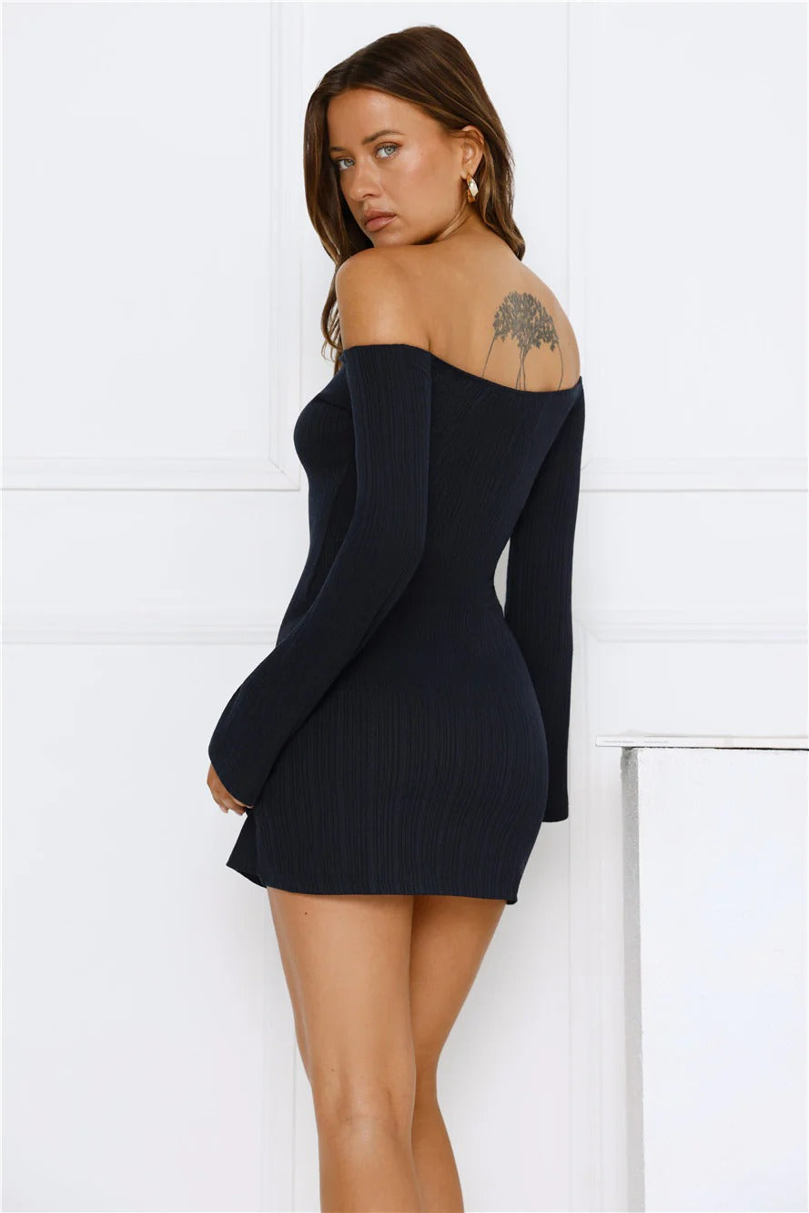 Falling Light Ribbed Long Sleeve Mini Dress Navy