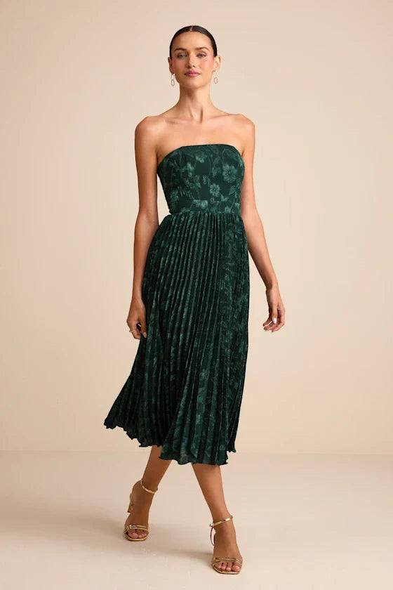Perfectly Stunning Emerald Jacquard Strapless Midi Dress