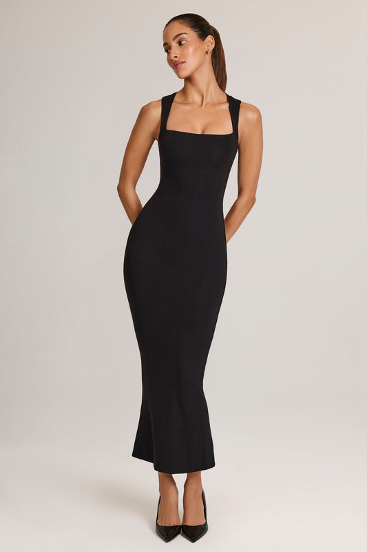 Modal Square-Neck Bodycon Midi Dress in Black