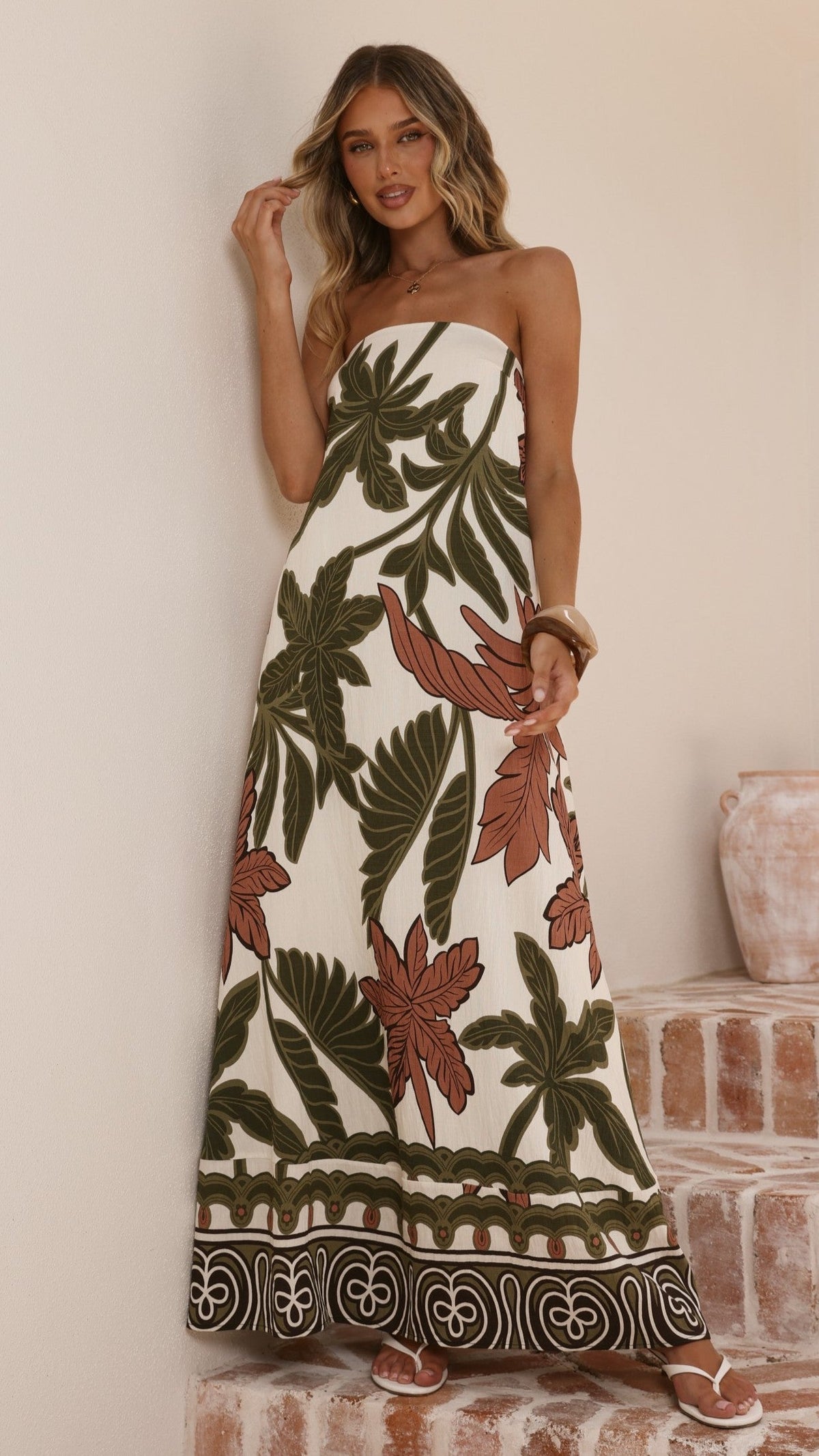 Connie Maxi Dress - Green/Beige Palm