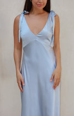 Emma Midi Dress ~ Steel Blue Luxe Satin