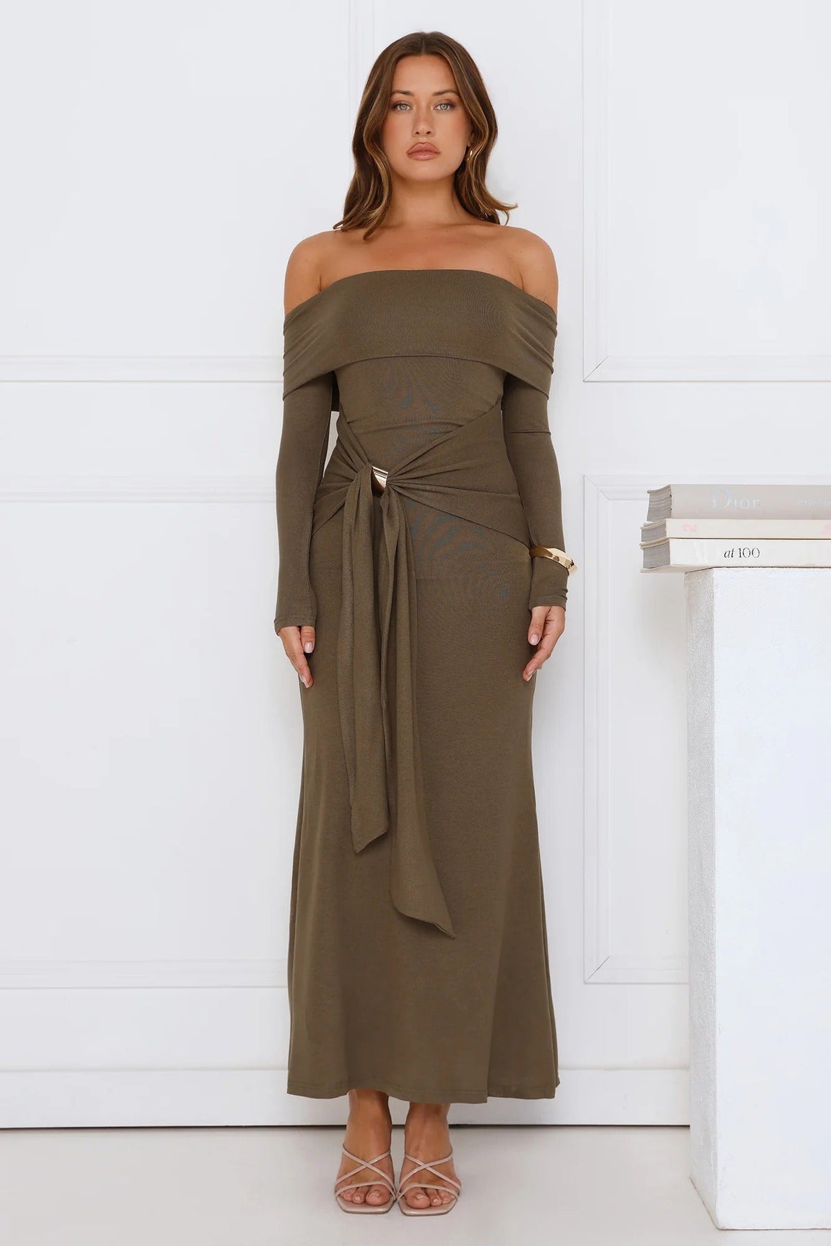 Subtle Statement Off Shoulder Maxi Dress Olive