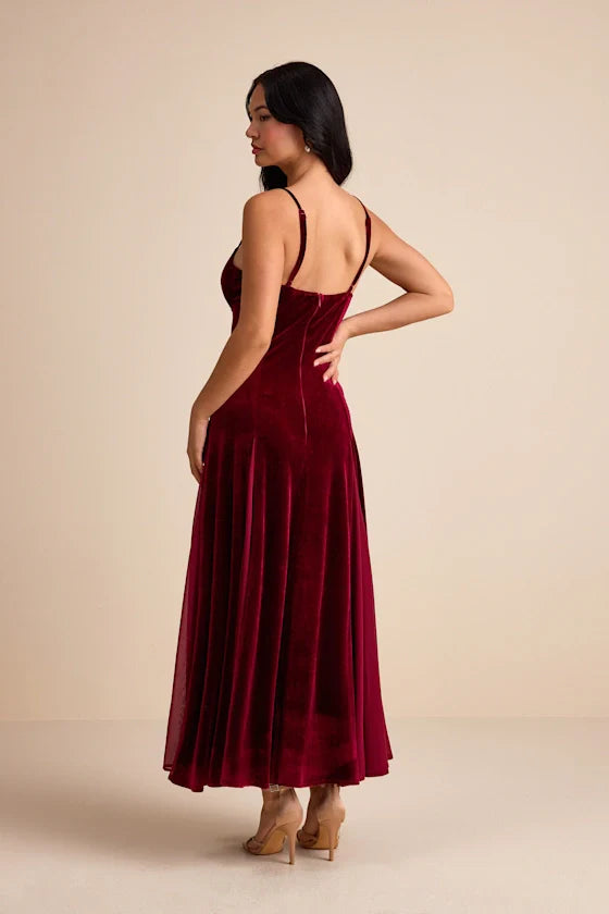 Elisha Burgundy and Red Velvet Pleated Midi Dress