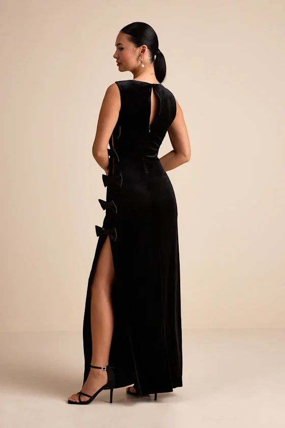 Cordelia Black Velvet Bow Cutout Column Maxi Dress