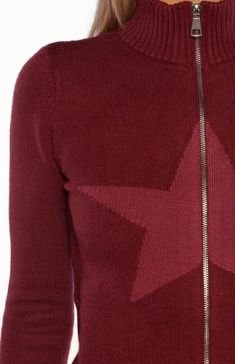 Groove Burgundy Star Zip Up Knit Sweater