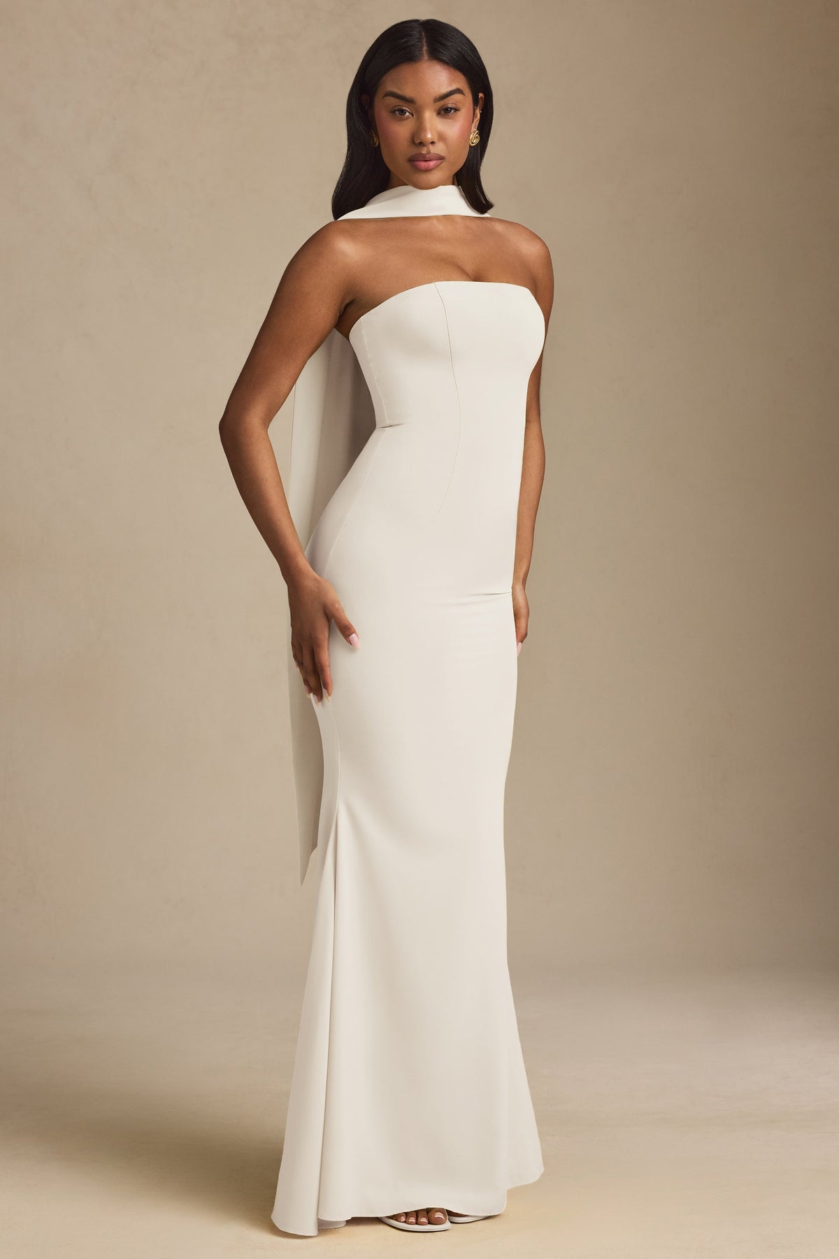Scarf-Detail Strapless Gown in Ivory