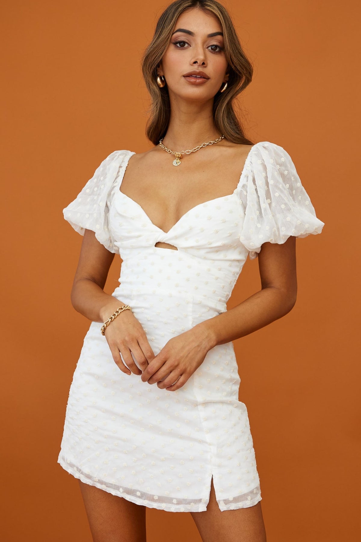 Molli Sheer Puff Sleeve Twist Feature Dress White