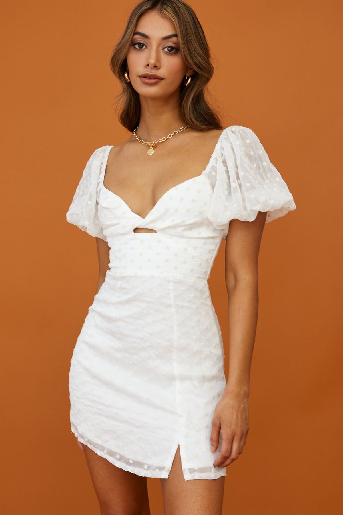 Molli Sheer Puff Sleeve Twist Feature Dress White