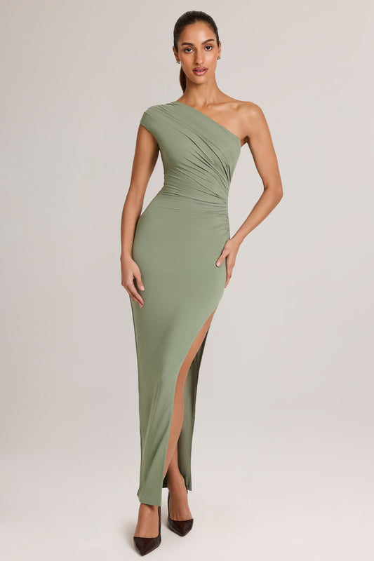 Modal Asymmetric Ruched Maxi Dress  in Sage Green