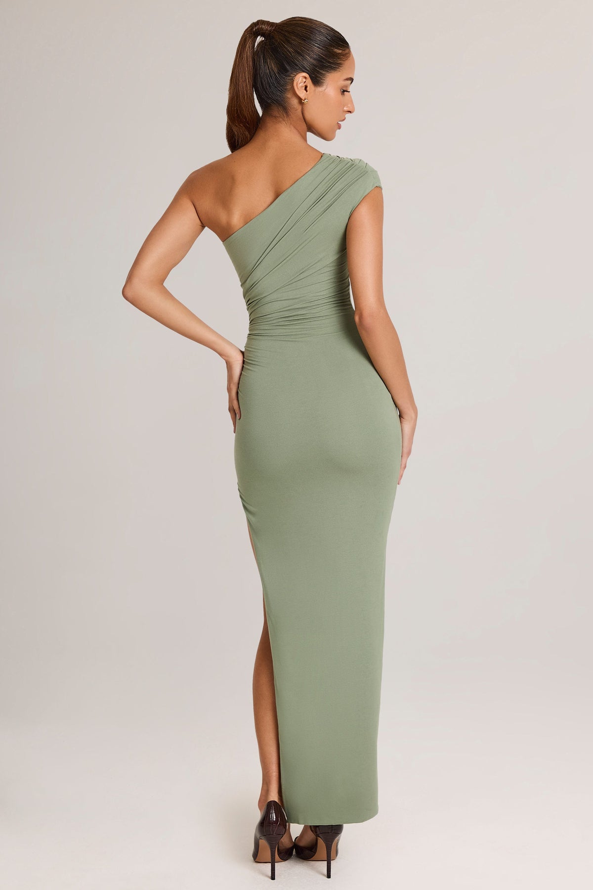 Modal Asymmetric Ruched Maxi Dress  in Sage Green