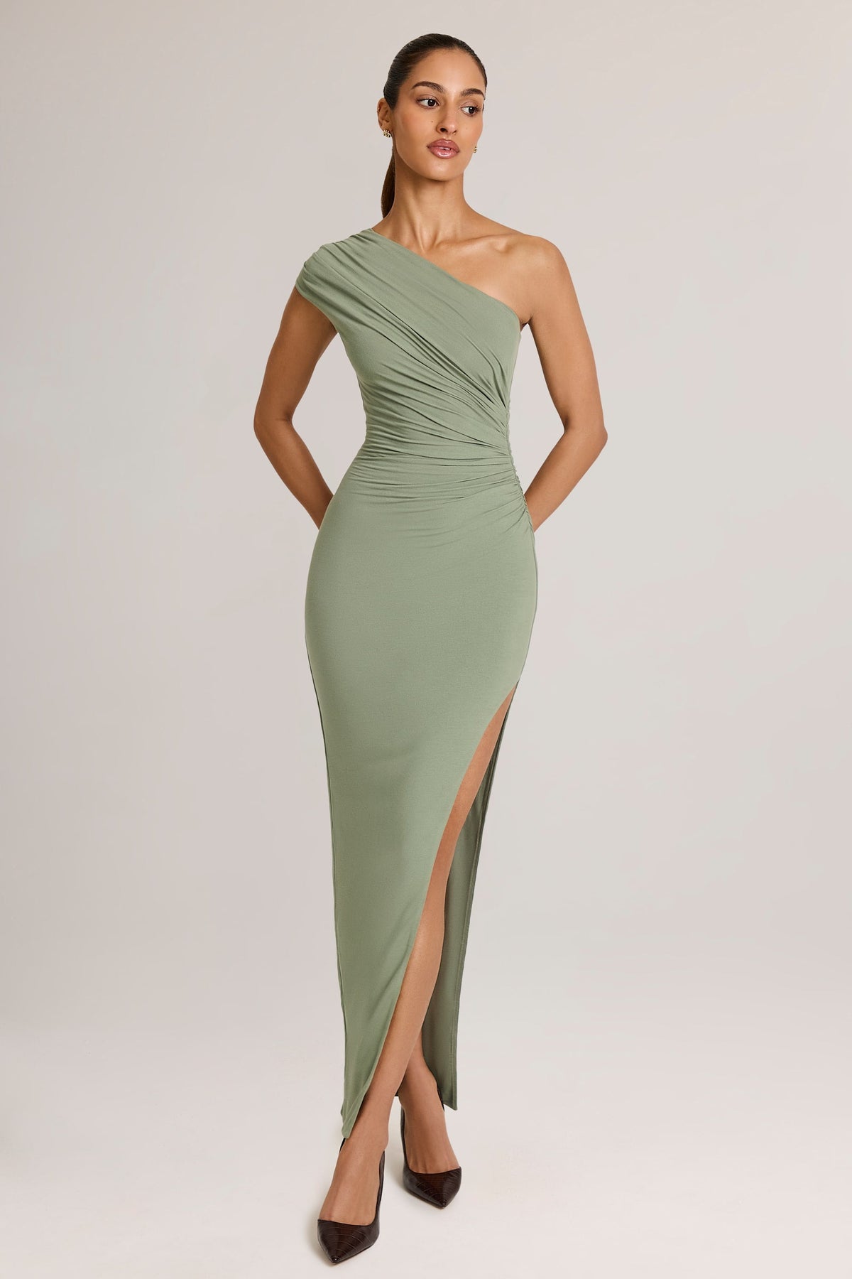 Modal Asymmetric Ruched Maxi Dress  in Sage Green