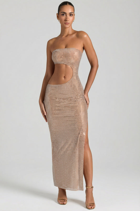 Embellished Cut-Out Bandeau Maxi Dress in Honey