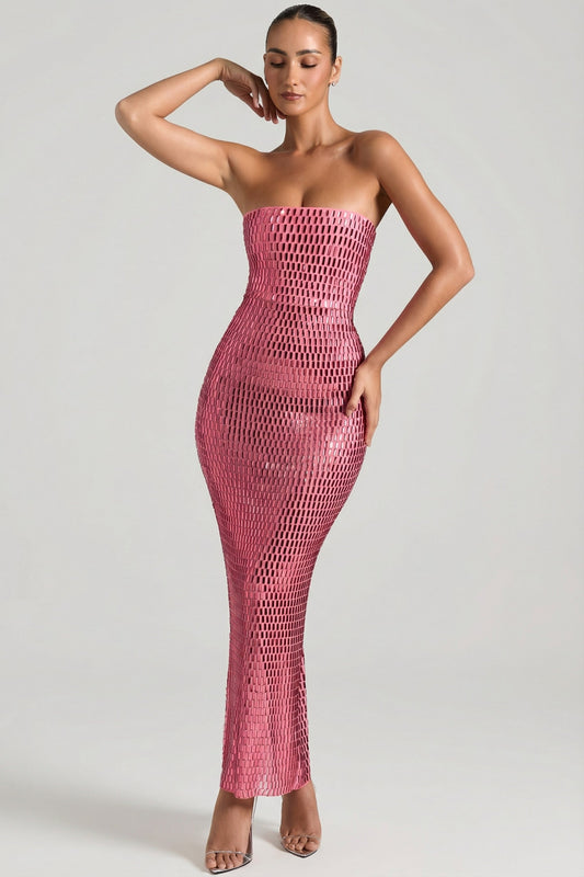 Embellished Strapless Bandeau Maxi Dress in Watermelon