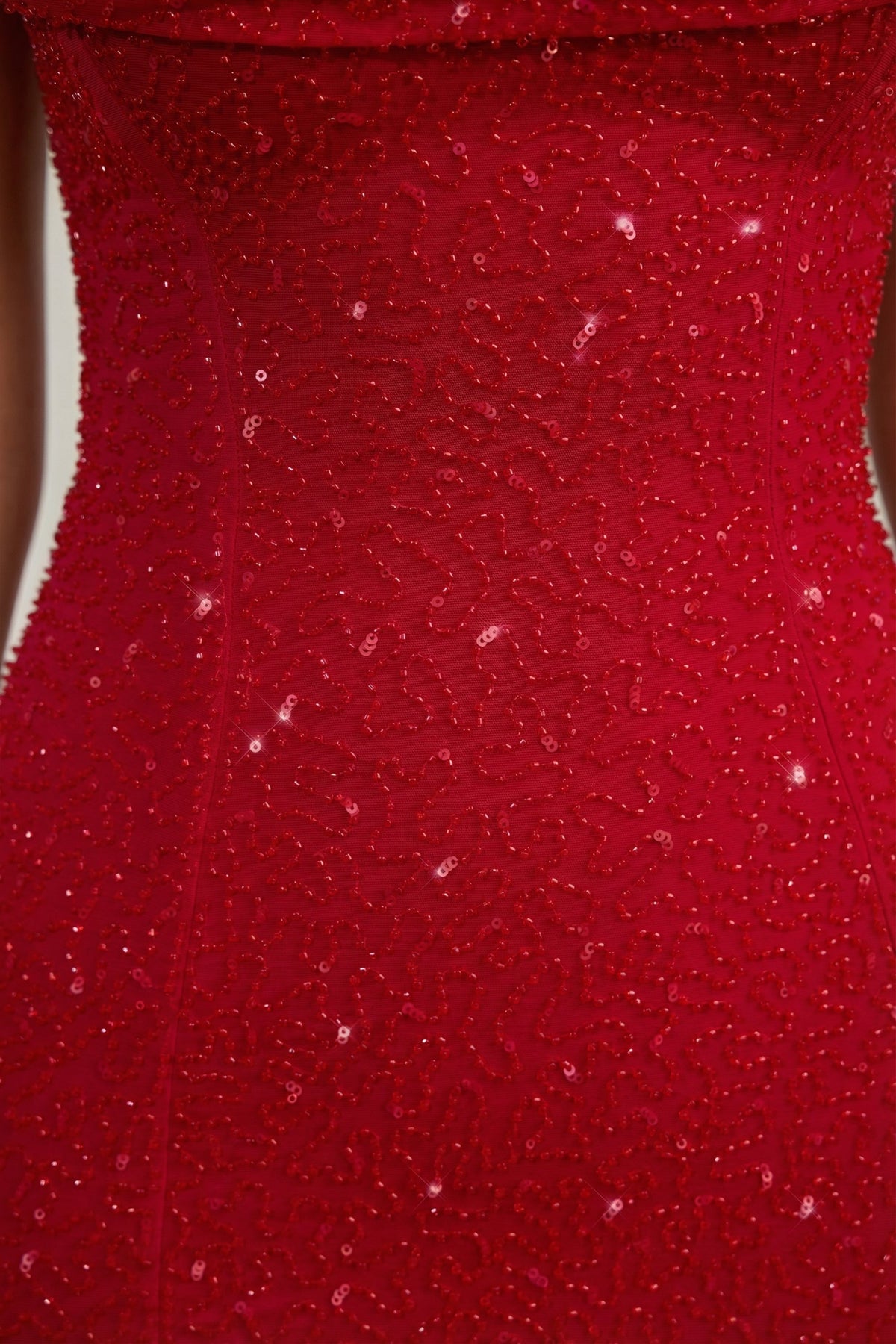 Embellished Strapless Cowl-Neck Mini Dress in True Red
