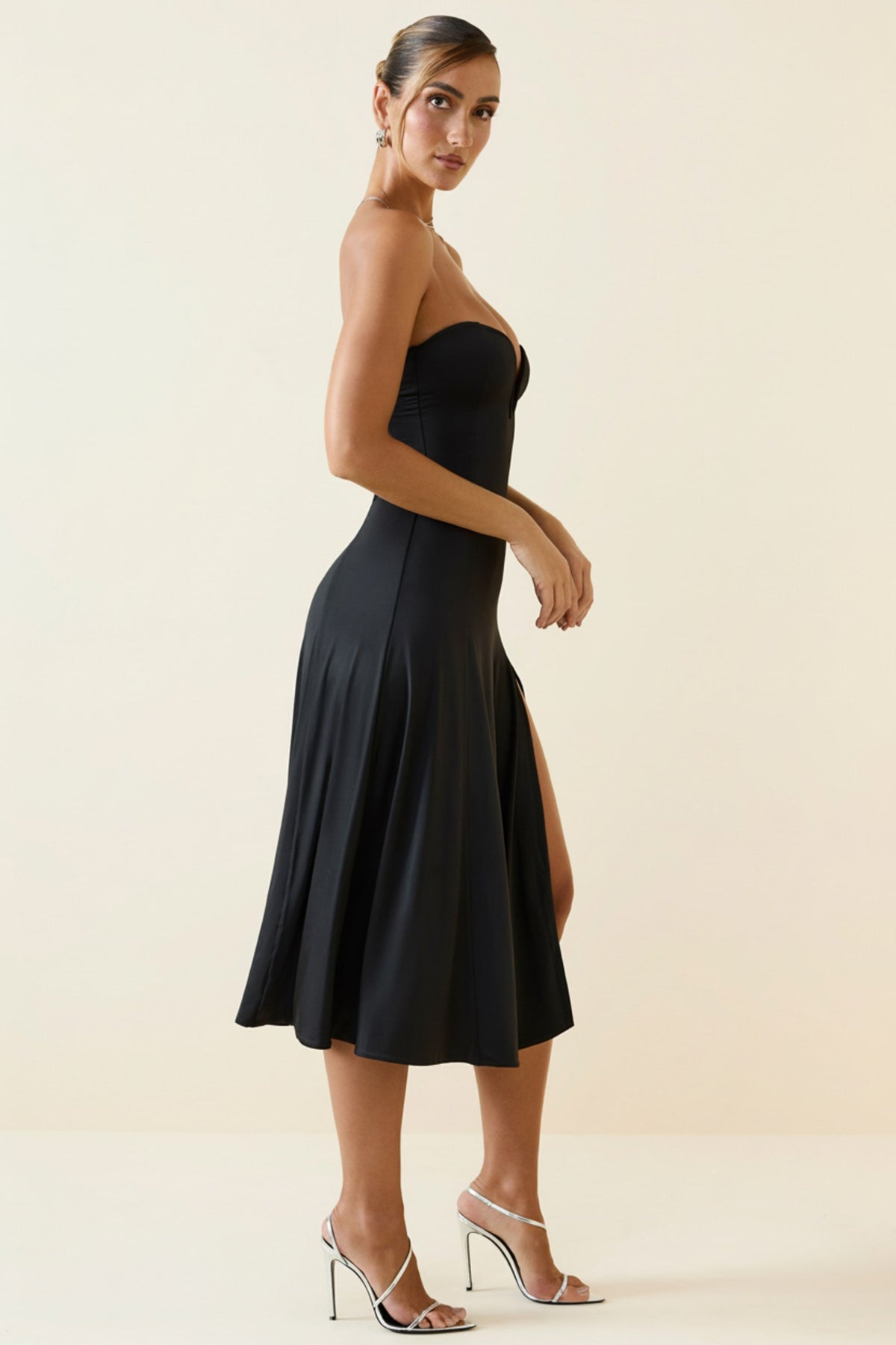 Slinky Jersey Strapless A-Line Midaxi Dress in Black