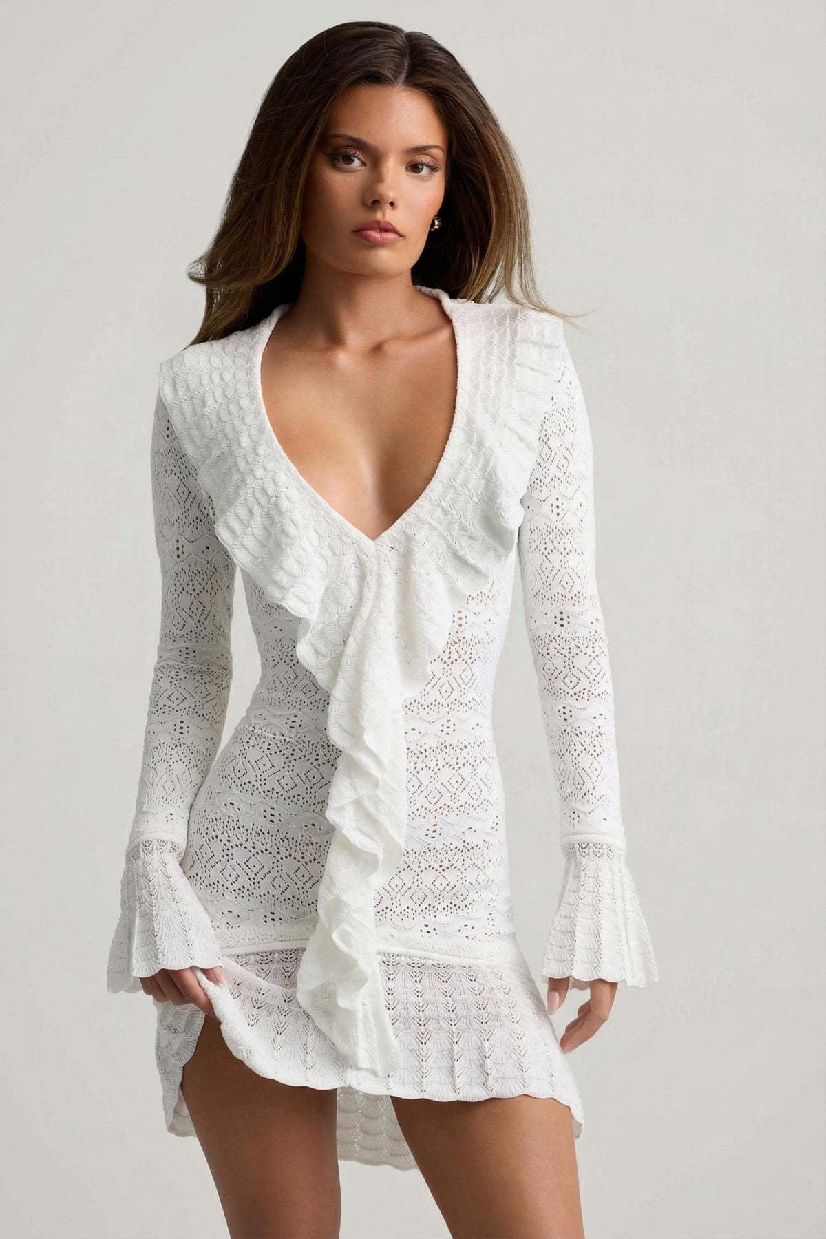 Ruffle-Trim Pointelle-Knit Mini Dress in White