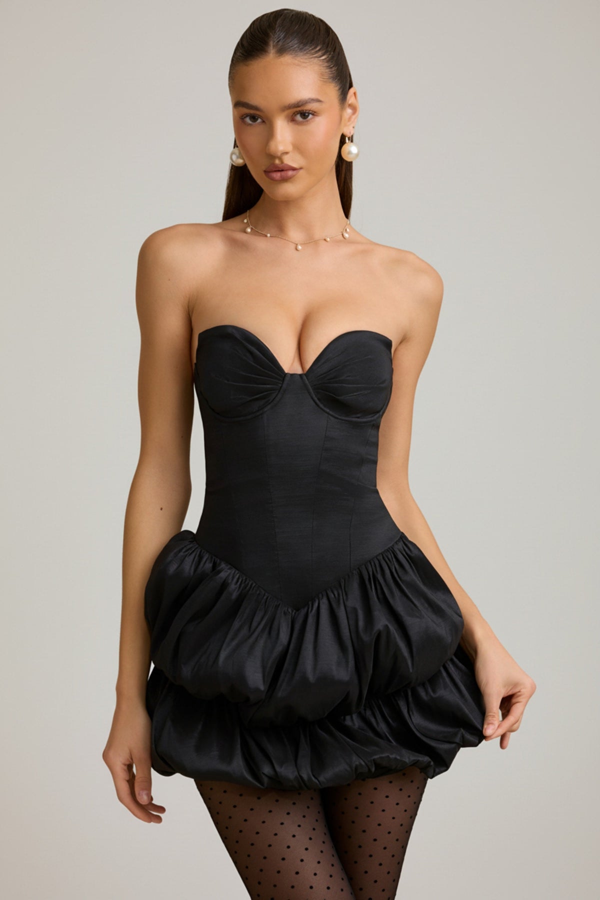 Satin Bubble Hem Corset Mini Dress in Black
