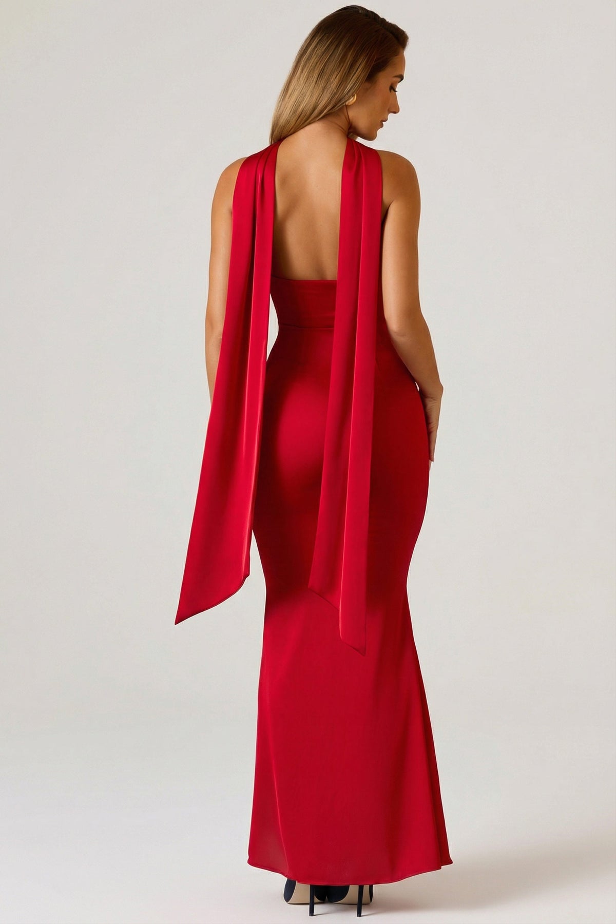 Scarf-Detail Strapless Gown in Scarlet Red