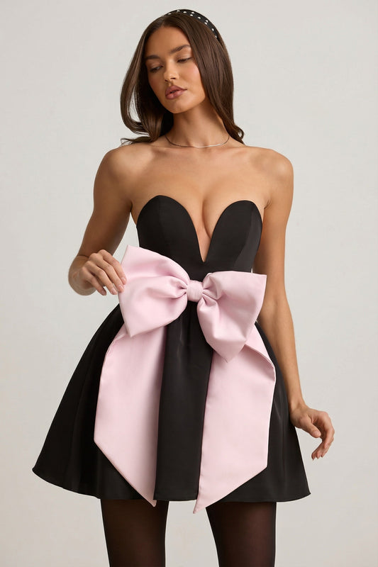 Bow-Detail Corset Mini Dress in Black