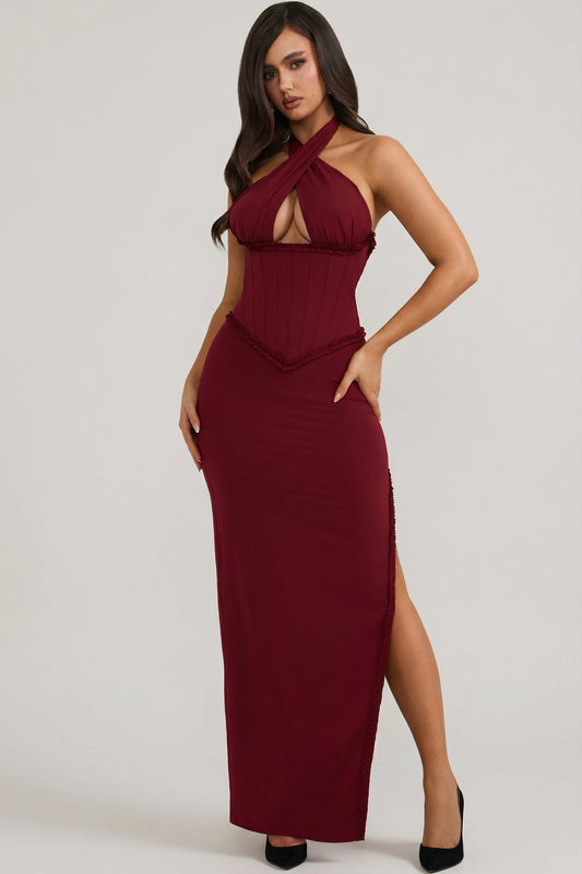 Halterneck Lace-Up Corset Maxi Dress in Berry Red