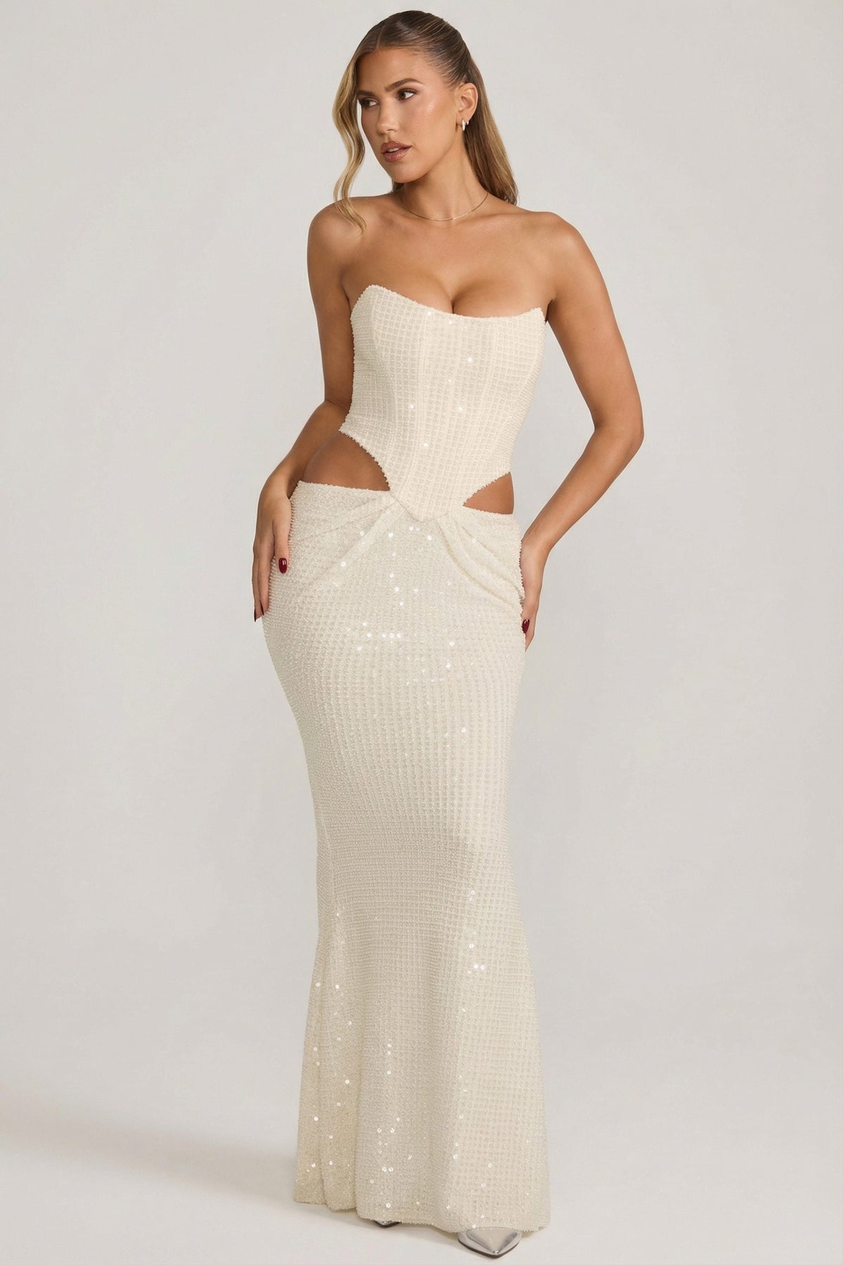 Embellished Cut-Out Draped Corset Gown in White
