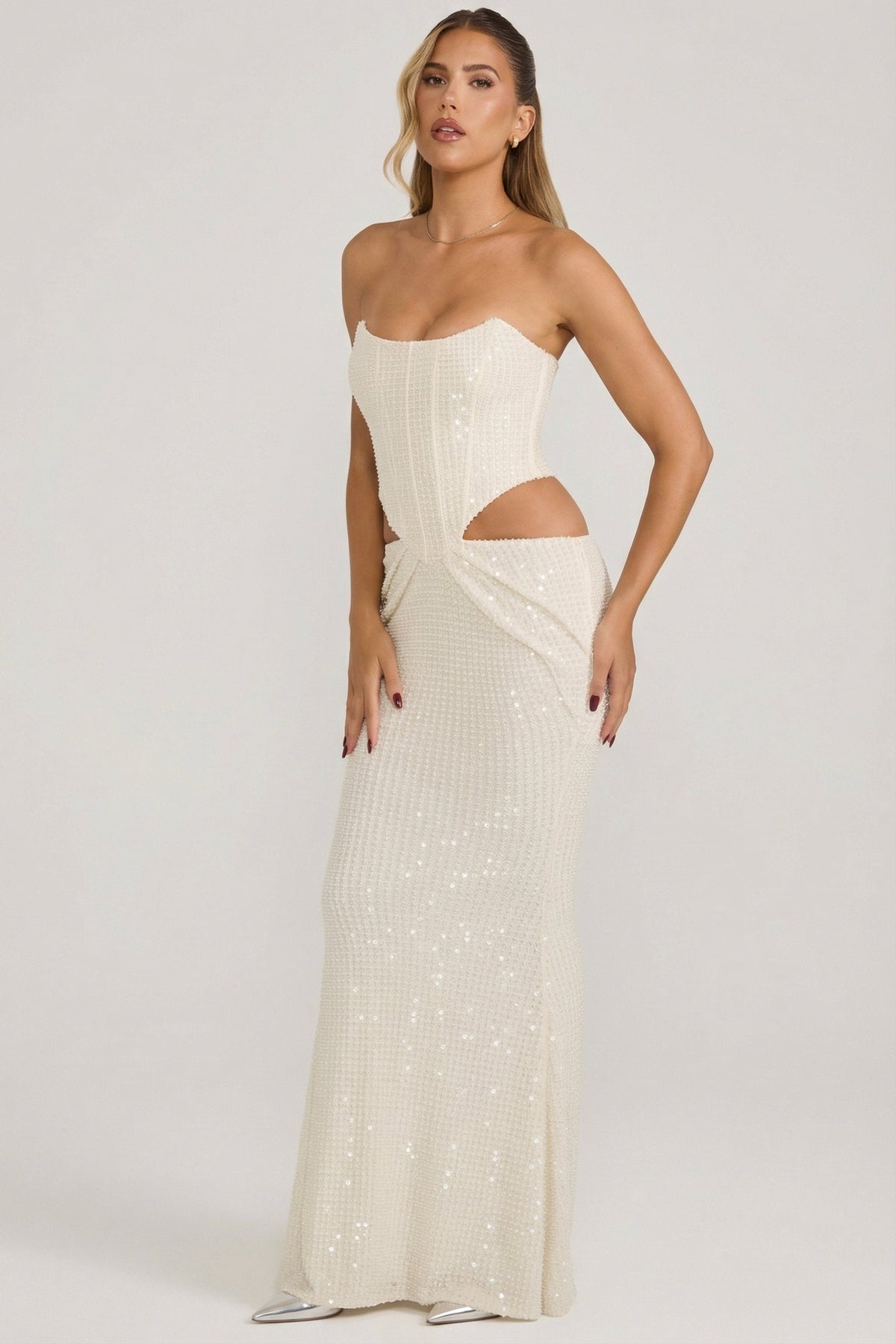 Embellished Cut-Out Draped Corset Gown in White