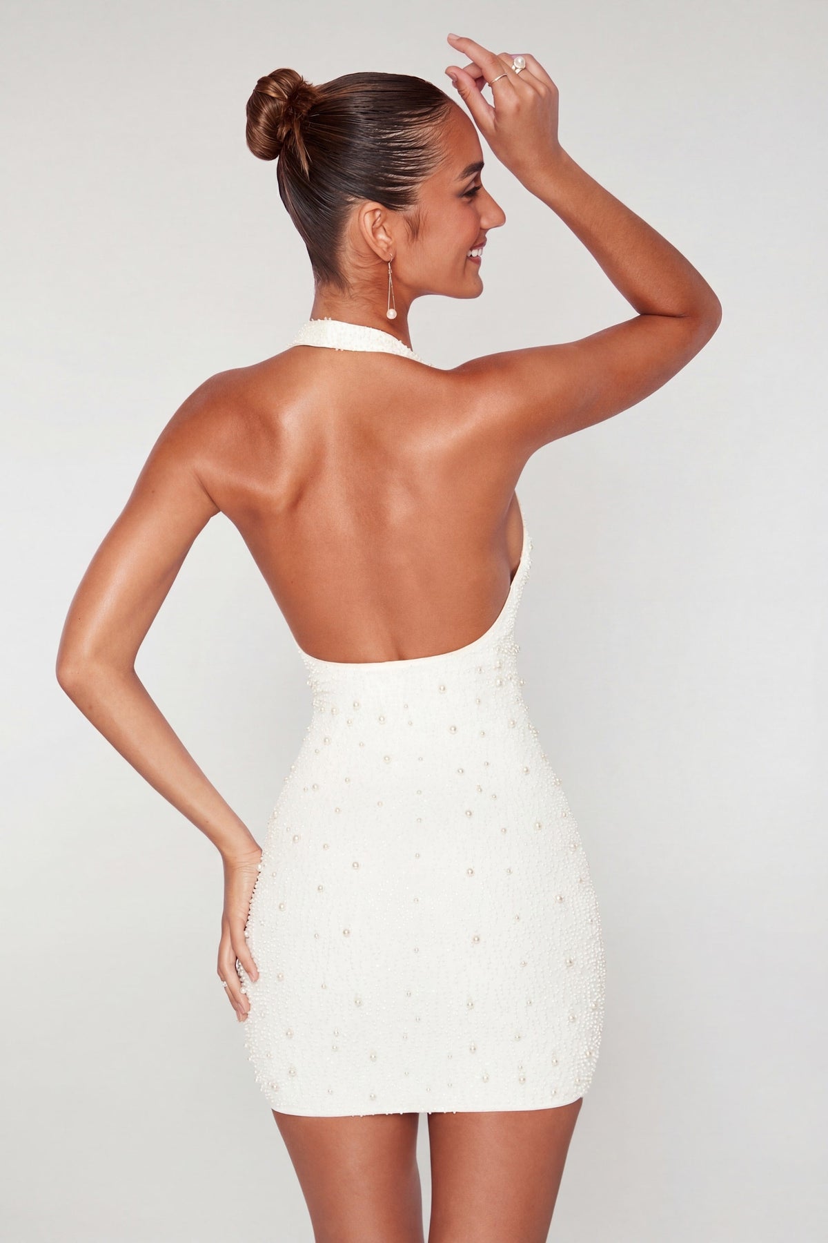 Deep Plunge Embellished Mini Dress in White