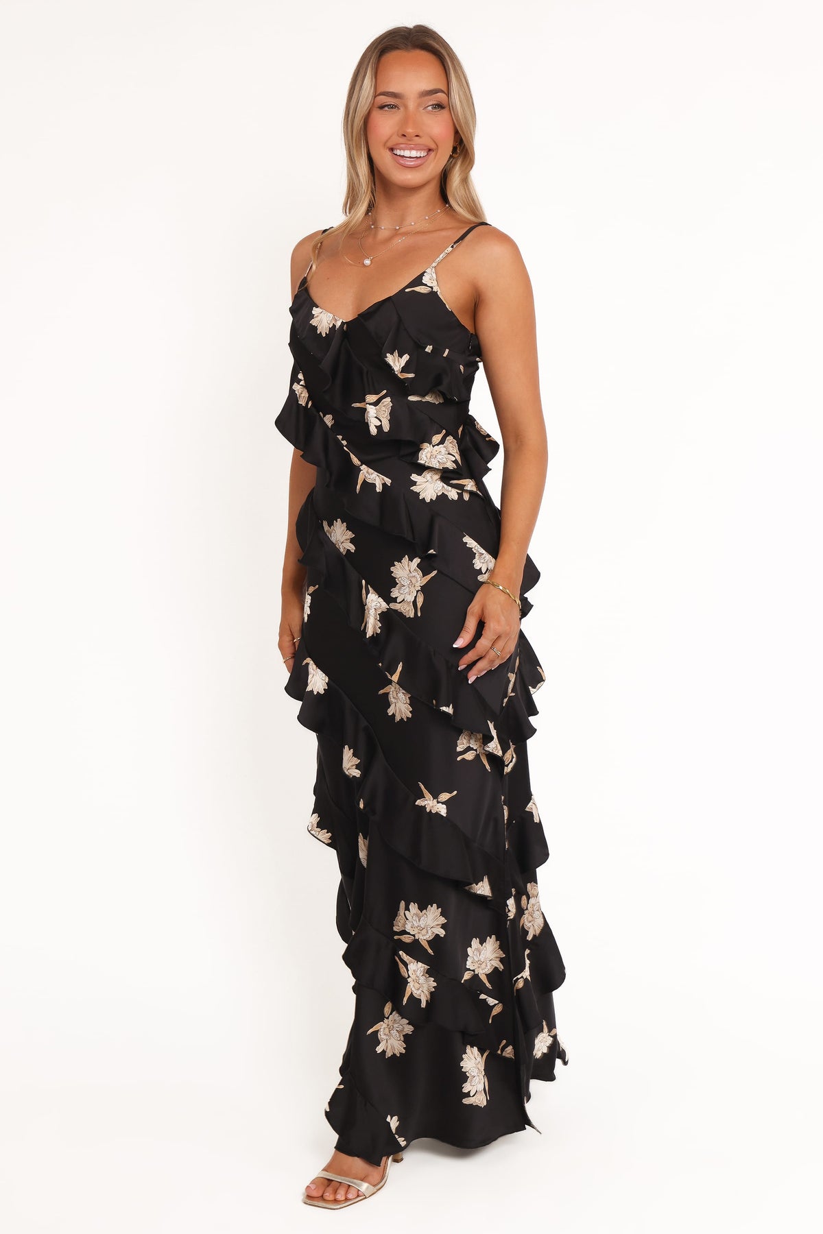 Ciao Ruffles Maxi Satin Dress - Black Floral