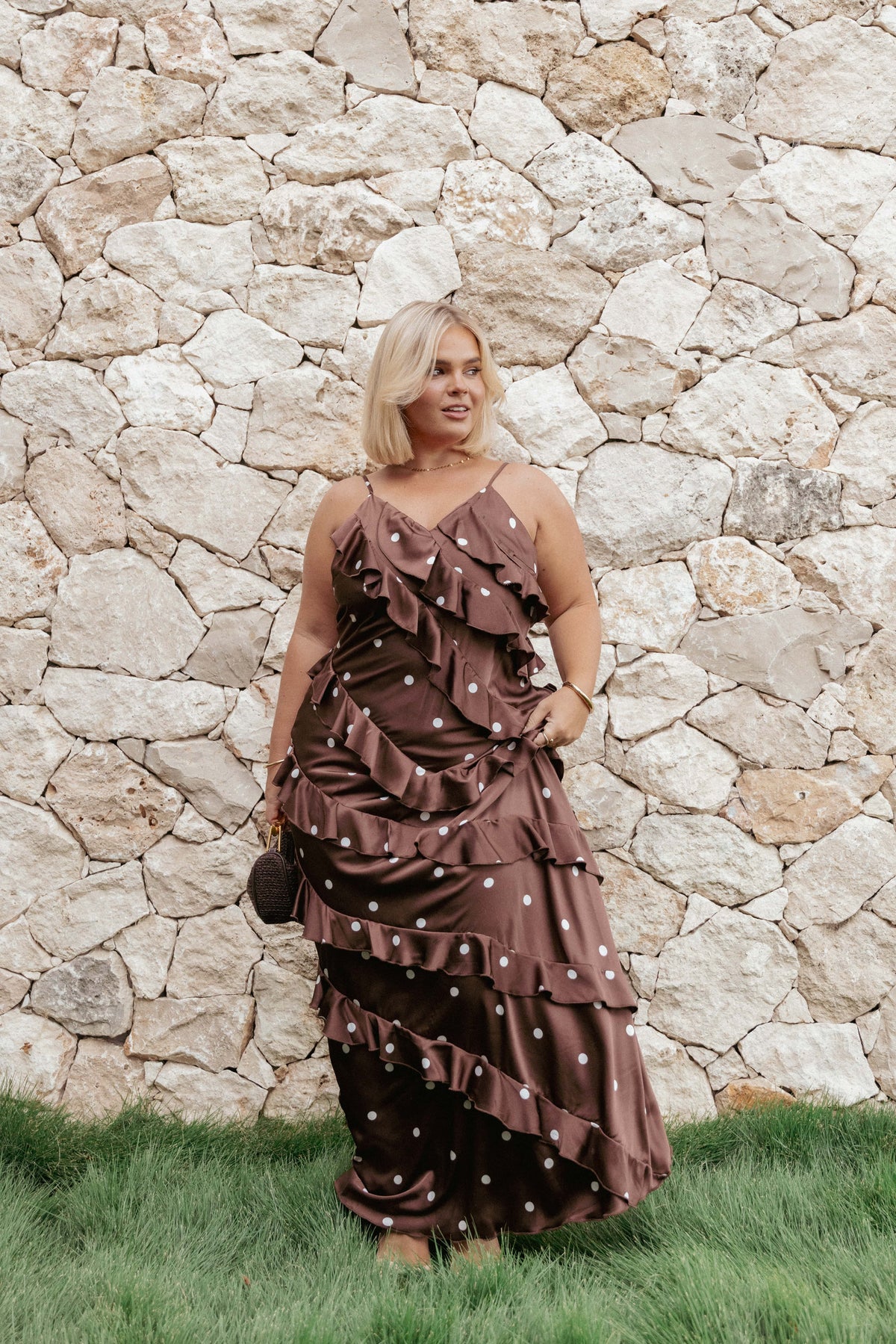 Ciao Ruffles Maxi Satin Dress - Brown Polka Dot