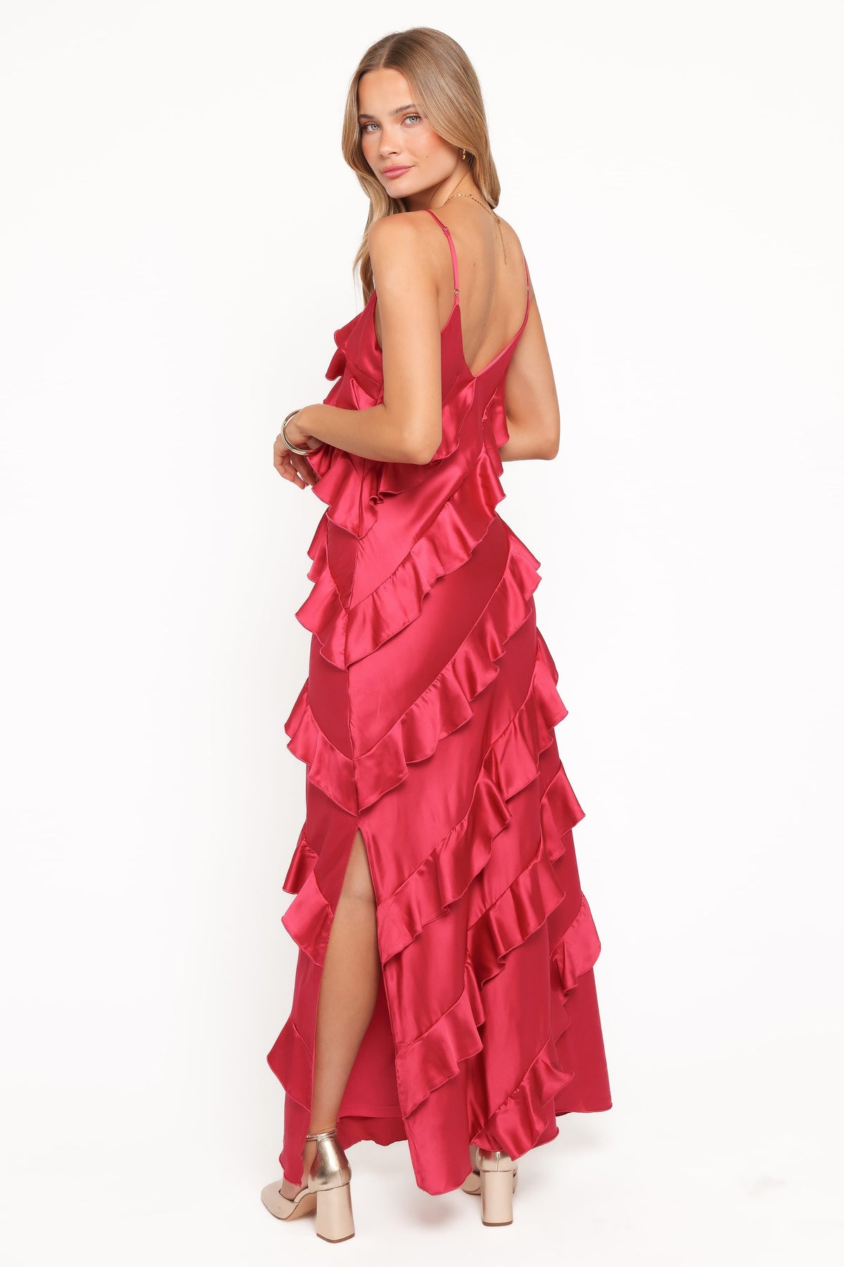 Ciao Ruffles Maxi Satin Dress - Fuchsia