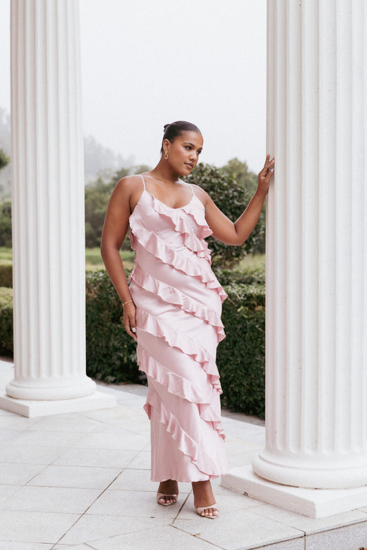 Ciao Ruffles Maxi Satin Dress - Pink