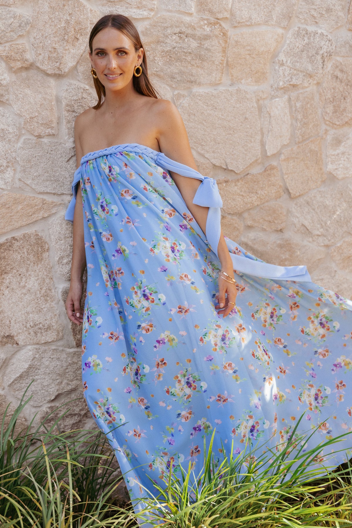 Codie Off Shoulder Maxi Dress - Cornflower Blue Floral