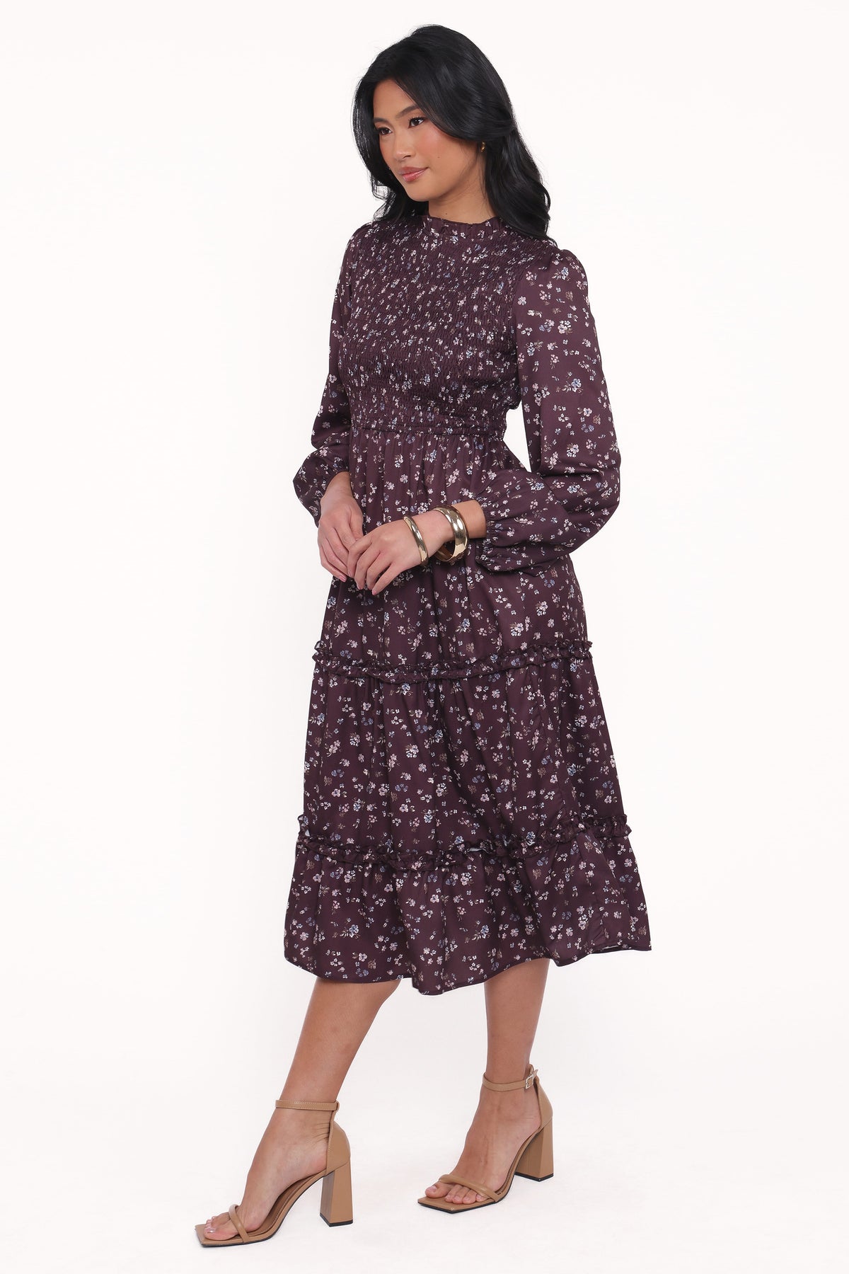 Edwina Shirred Frill Long Sleeve Midi Dress - Plum Floral