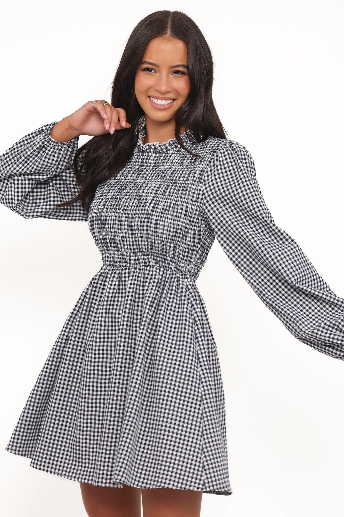 Jessen Long Sleeve Mini Dress - Navy Gingham