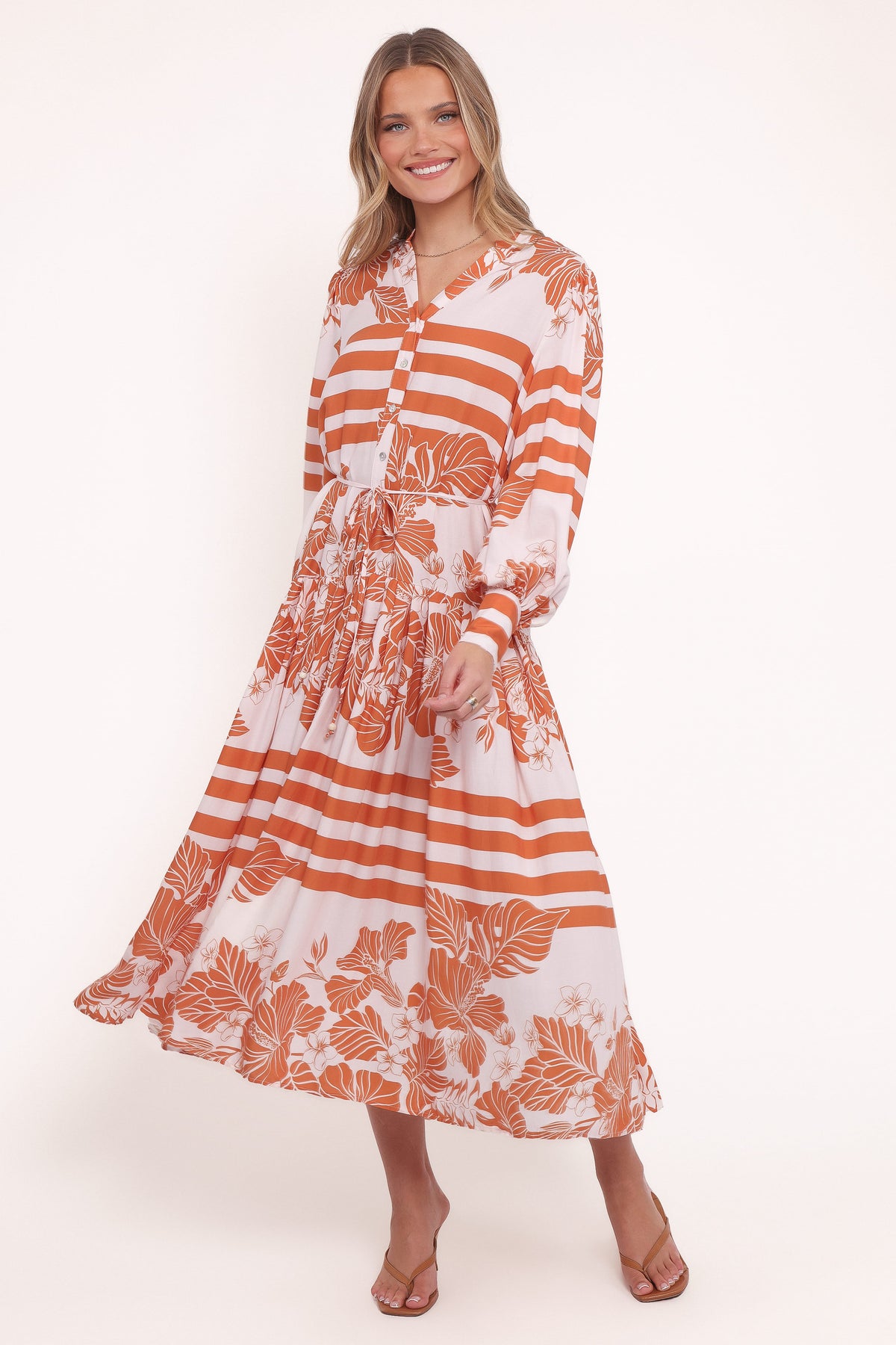 Jules Long Sleeve Dress - White/Orange
