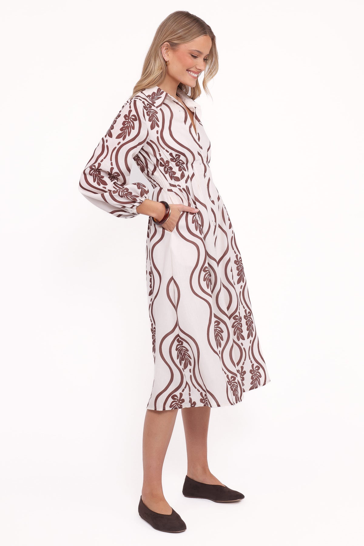 Lira Long Sleeve Midi Dress - Brown Print