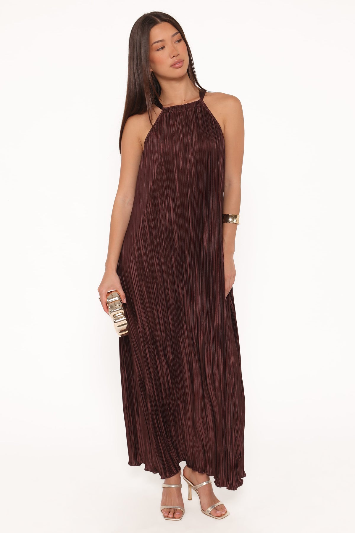 Melody Plisse Halter Maxi Dress - Brown