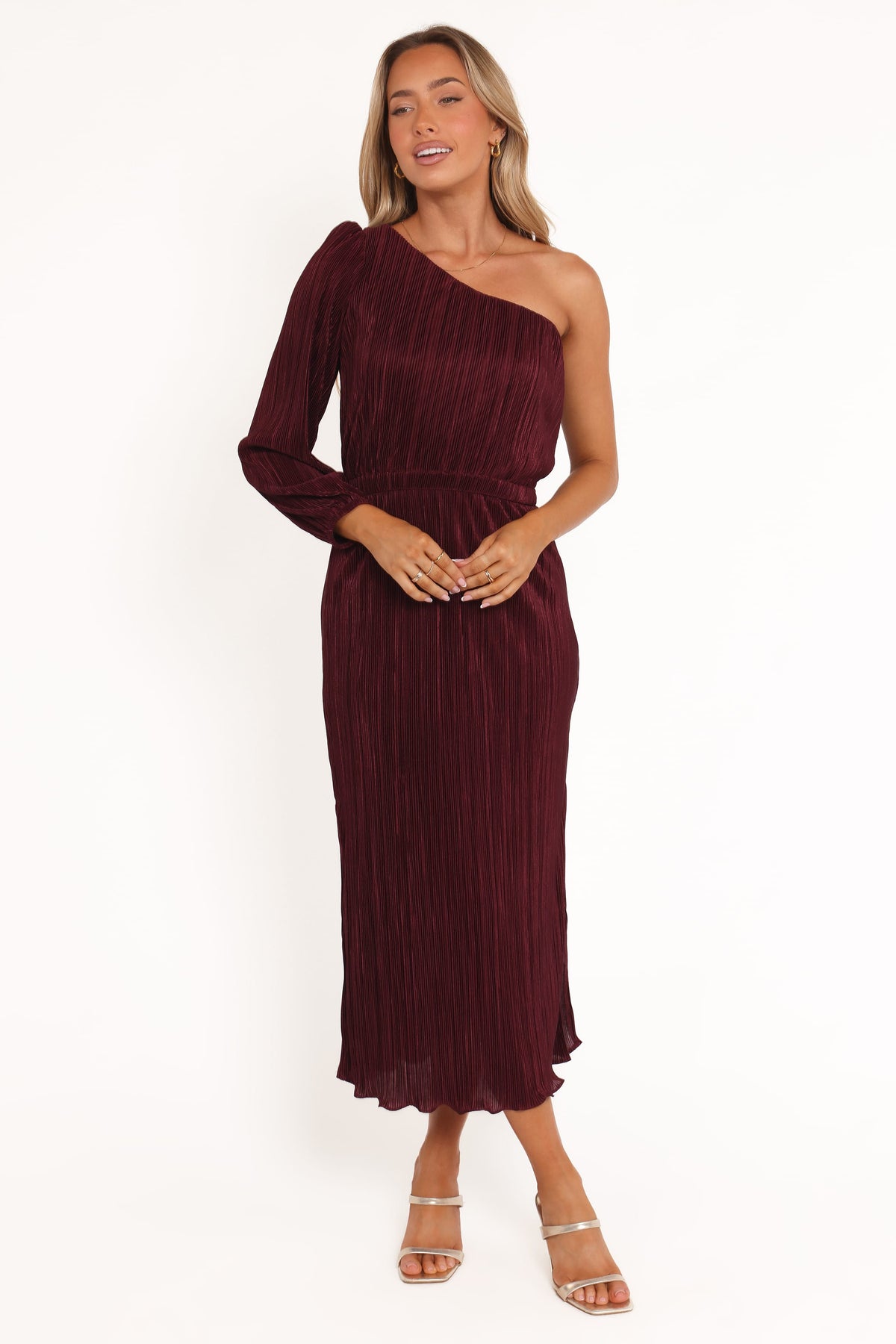 Pontee One Shoulder Pleated Midi Dress - Burgundy