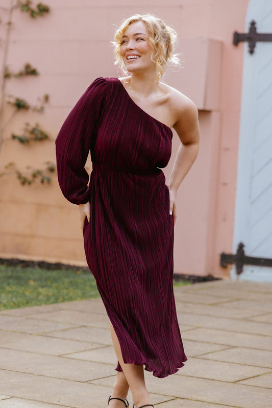 Pontee One Shoulder Pleated Midi Dress - Burgundy