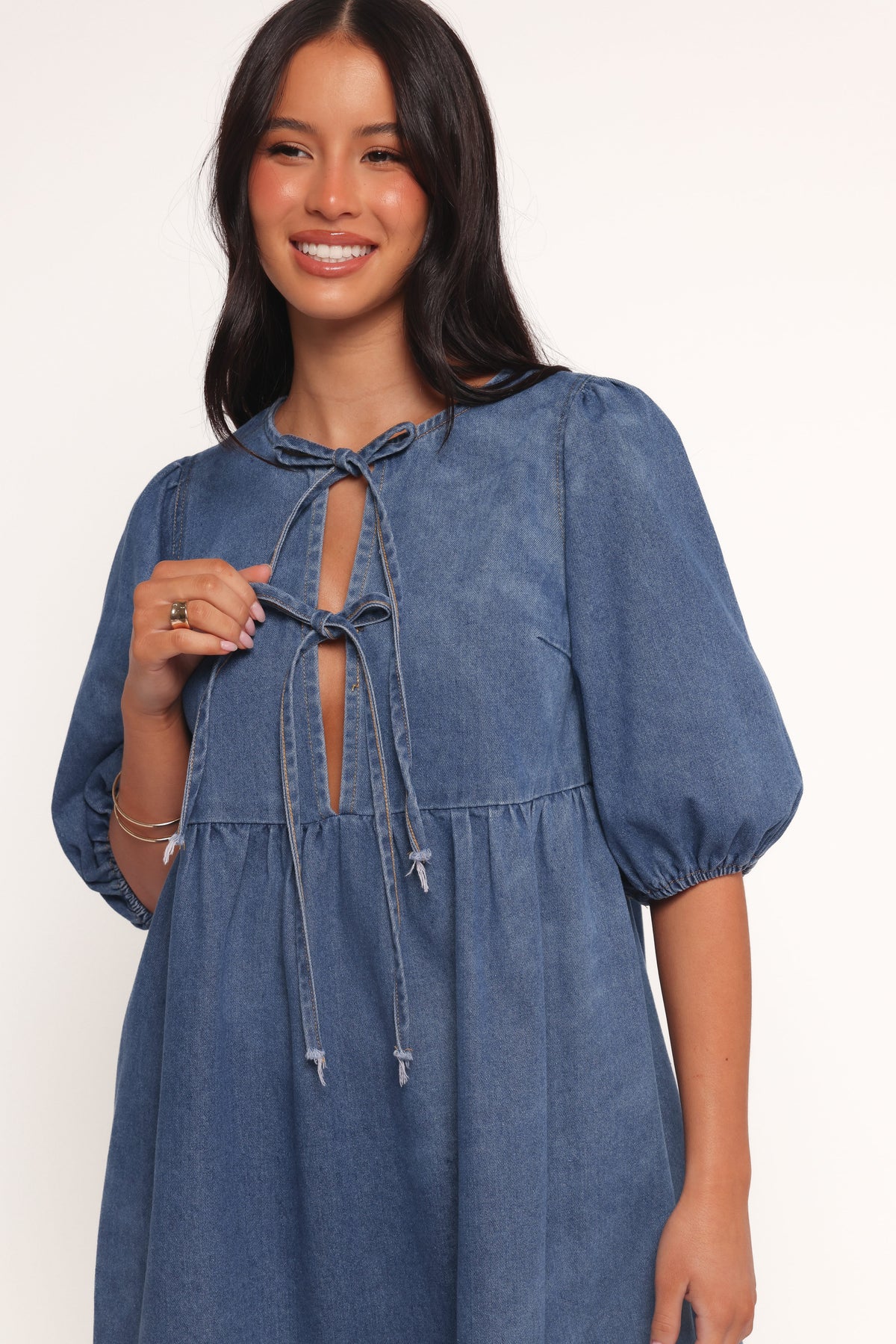 Romana Tie Front Mini Dress - Dark Denim