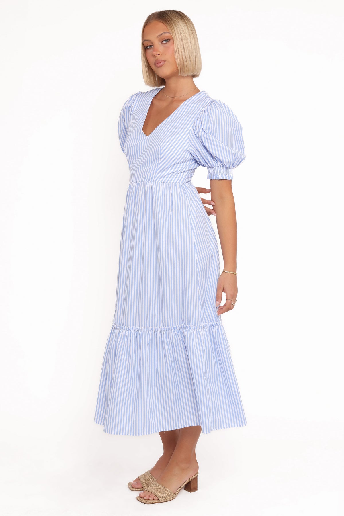 Steele Puff Sleeve Midi Dress - Blue Stripe