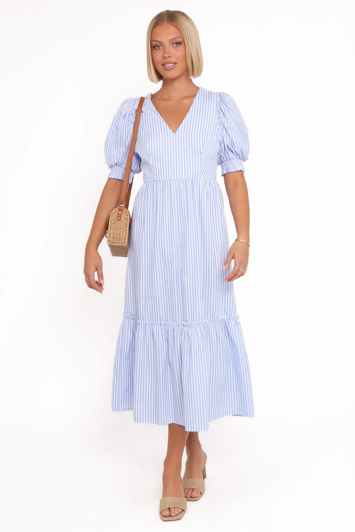 Steele Puff Sleeve Midi Dress - Blue Stripe