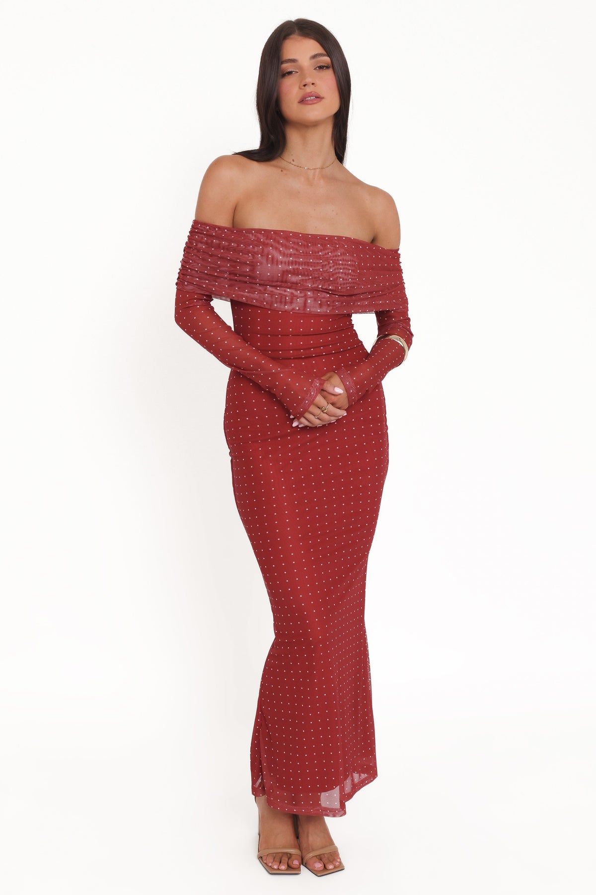 Zeva Off Shoulder Maxi Dress - Burgundy Spot