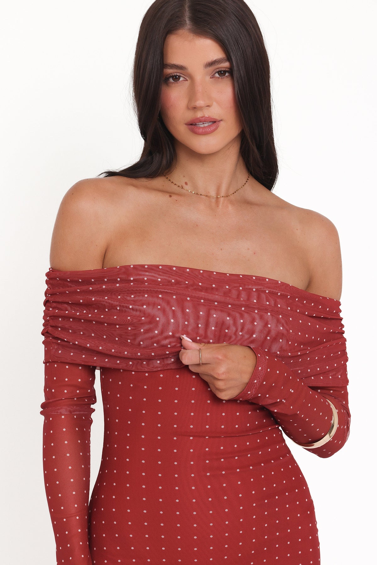 Zeva Off Shoulder Maxi Dress - Burgundy Spot