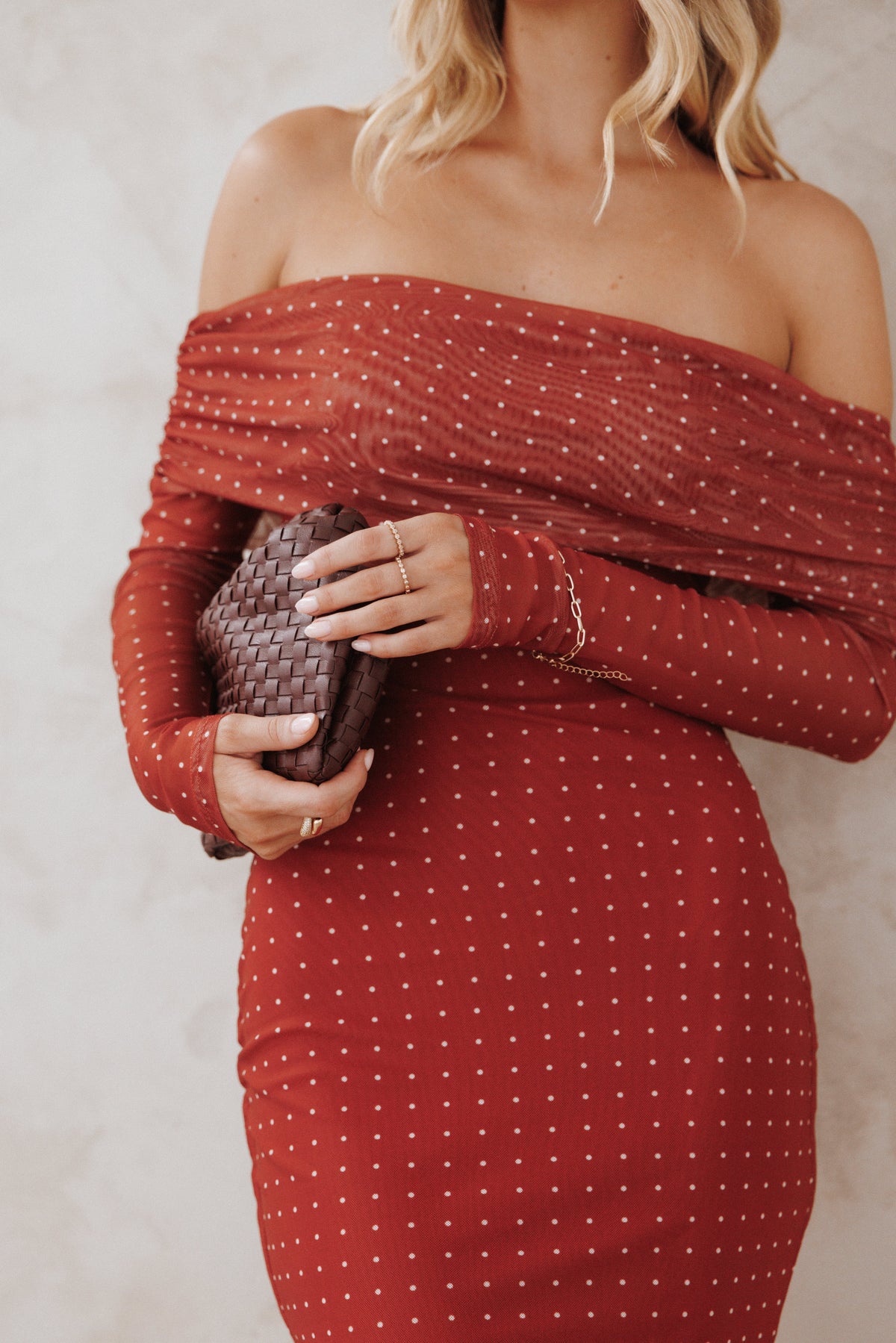 Zeva Off Shoulder Maxi Dress - Burgundy Spot